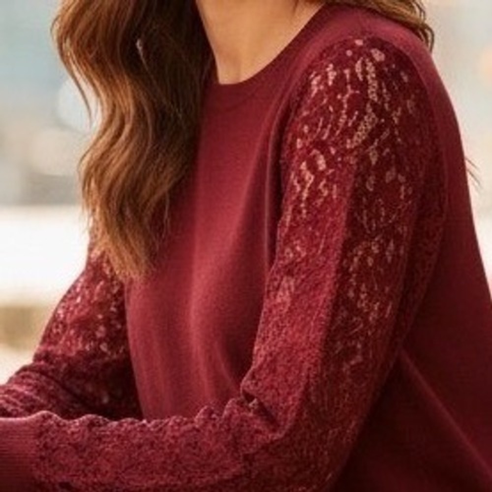 Roz & Ali Womens Burgundy Lace Sleeve Knit Sweater Top‎ Wine Red Medium